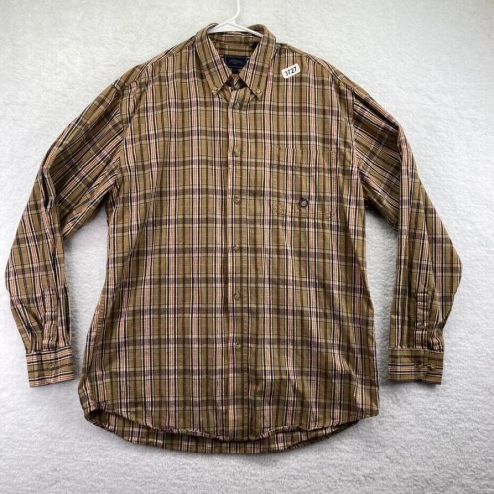 Roper Mens Khaki Plaid Shirt Size Large Long Sleeve Bar V Rodeo Club Embroidered